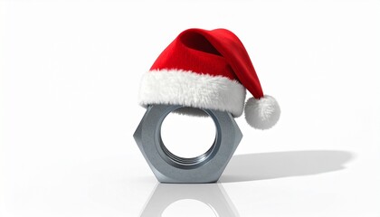 A macro studio shot of a polished steel hexagonal nut wearing a miniature red and white Santa hat, isolated on a clean white reflective surface, blending industrial hardware with festive humor.