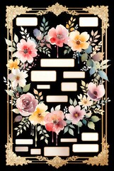 Golden Framed Watercolor Floral Design: Vibrant Blooms on Black Background