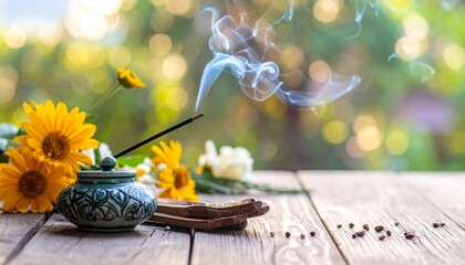Relaxing Zen Atmosphere with Natural Cedar Wood Incense and Yellow Daisies