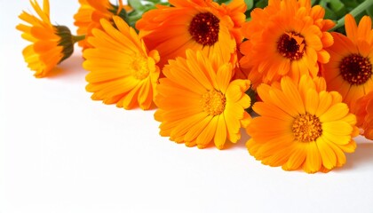 A vibrant bouquet of bright orange calendula flowers arranged in the upper right corner, casting soft shadows against a clean, minimalist white background for a fresh and natural aesthetic.