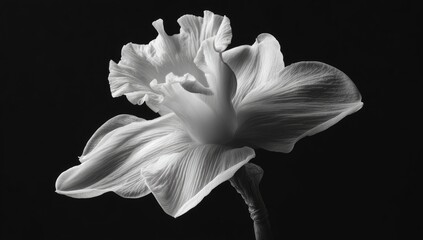 Delicate light and shadow play across a single, ruffled bloom against dark