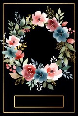 Vibrant Watercolor Floral Wreath with Gold Accent Frame Art