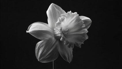 Dramatic black and white close-up of a delicate, ruffled daffodil bloom