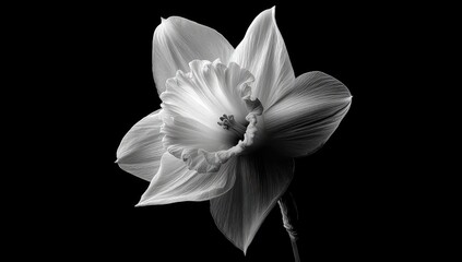Elegant monochrome close-up of a delicate daffodil bloom against darkness