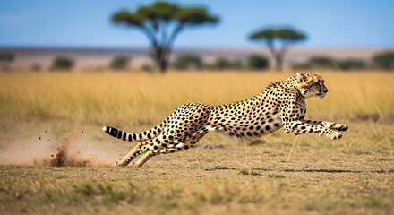 Cheetah Running in Savanna Landscape.