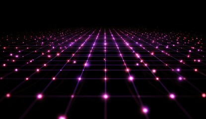 Glowing grid of pink lights recedes into a dark, infinite background