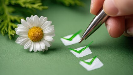 Hand with pen checking off items next to a daisy and greenery