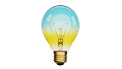 Vintage light bulb PNG isolated on transparent background, retro style electric lamp with blue and yellow glass for design use