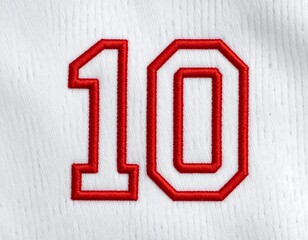 Close-up of red "10" on white textured athletic fabric
