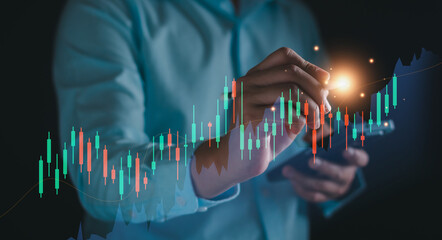 Stock market graph analysis concept, Broker planning strategy for investment in stock, forex, financial, index fund, exchange rate high risk to high profit. Digital business technology analyze data.