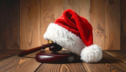 Judge&rsquo;s gavel with Santa hat on wooden surface&mdash;evoking festivity, authority, and the playful choreography of justice, tradition, and seasonal cheer.