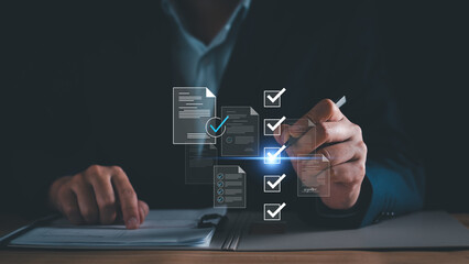 Checklist business performance monitoring concept, Businessman doing online survey filling out check digital form task, online survey question form, target marketing planning with quality control.