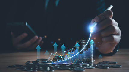 Business, finance and investment concept. Business man analyzing and calculating tax, financial data with economic graph growth chart, strategy and budget planning, digital banking and market. banner.