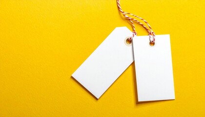 Blank white price tag hanging with string on bright yellow background, minimalist product mockup, clean studio lighting, simple composition, copy space for branding