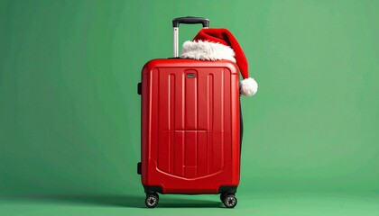Red travel suitcase wearing Santa hat on green background, creative Christmas travel concept, minimalist product photography, soft studio lighting, clean shadows, festive mood