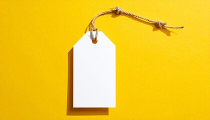 Blank white price tag hanging with string on bright yellow background, minimalist product mockup, clean studio lighting, simple composition, copy space for branding