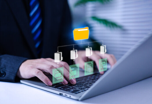 
Review document management on virtual screen, technological concept of data transfer, file recovery, computer backup, document or data folder transfer.  - Powered by Adobe