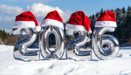 Silver foil balloons forming 2026 wearing red Santa hats on white background, festive New Year celebration concept, bright studio lighting, clean and cheerful composition