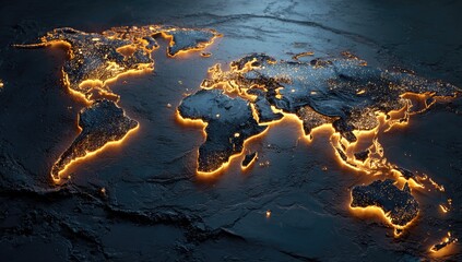 Earth at night with glowing continents and cities, global illumination