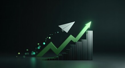 Paper plane soars upward on a vibrant green arrow graph, signifying progress