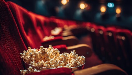 A bowl of popcorn sits in a plush red theater seat, ready for a movie