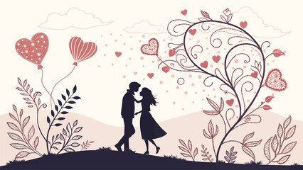 Romantic couple kissing under heart filled sky with balloons