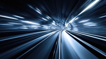Blurred motion through a dark tunnel with glowing light streaks