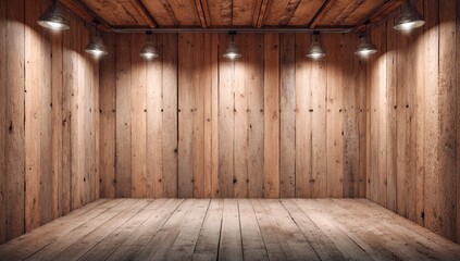 Rustic wooden room with overhead spotlights illuminating the space