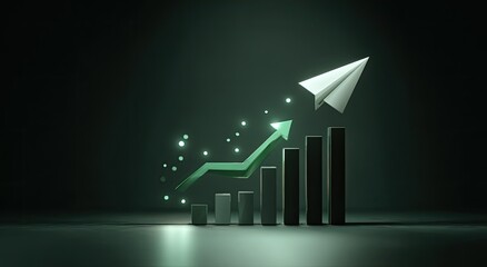 Paper airplane soars above increasing bar chart with glowing highlights