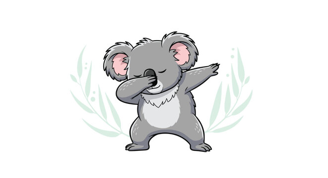Funny cartoon koala bear character with a cool attitude doing the popular dab dance move against a leafy background.