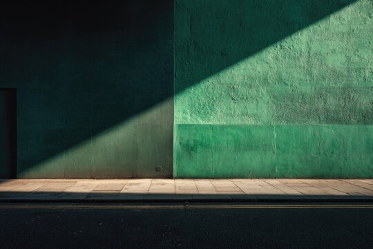 Bold geometric shadow cuts across textured green wall and pavement