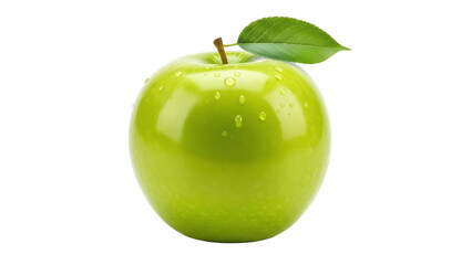 Fresh Granny Smith apple PNG isolated on transparent background, vibrant green fruit with water droplets and leaf for healthy eating concepts