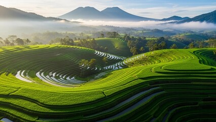 Aerial view of beautiful green rice terraces in a valley with misty mountains and soft morning sunlight.