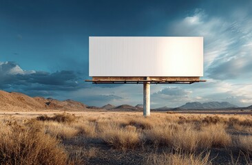 Large blank billboard stands in a dry, grassy landscape under a dramatic sky