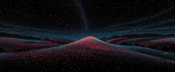 Starry night sky over glowing, undulating hills of red and blue particles