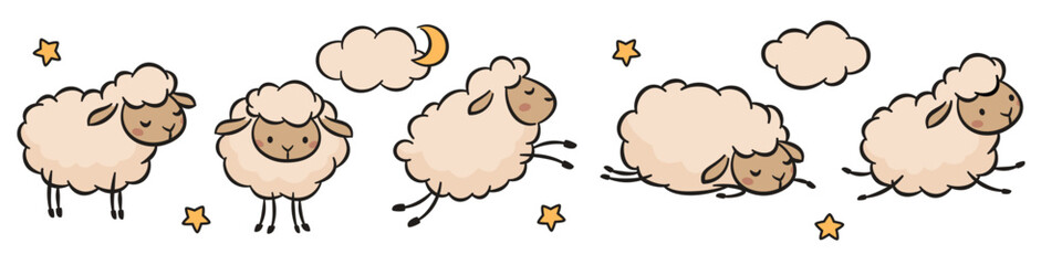 A set of vector line illustrations on a white background. Cute sheep and lambs in different poses, jumping, running, and sleeping. Clouds, moon, and stars. . Vector illustration