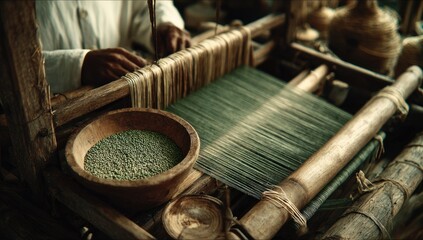 Hands working on a traditional loom, crafting green textiles