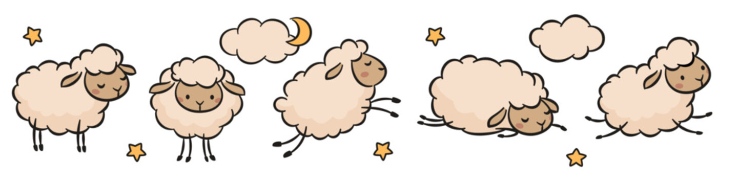 A set of vector line illustrations on a white background. Cute sheep and lambs in different poses, jumping, running, and sleeping. Clouds, moon, and stars. . Vector illustration