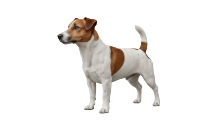 Alert Jack Russell Terrier dog PNG isolated on transparent background, cute pet with brown and white fur standing attentively