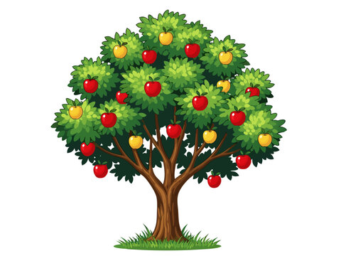 Illustration of a healthy, ripe apple tree in full bloom, laden with vibrant red and yellow apples, set against a simple background, symbolizing harvest and nature's bounty