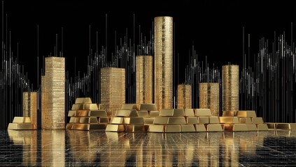 Glistening gold bars and towers arranged with financial charts in background