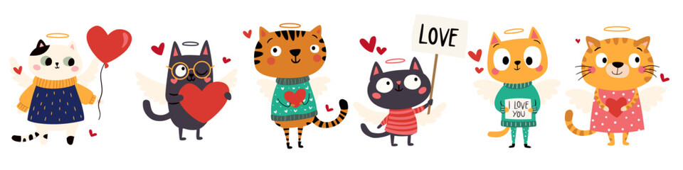 A set of cute vector illustrations in a simple children's style. Cute angelic cupid cats in cute clothes with bows and arrows and signs in their paws. Vector illustration