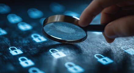 Magnifying glass examines glowing lock icons and fingerprint on dark digital background