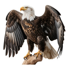 Obraz premium Majestic Bald Eagle with Spread Wings Perched on Branch Symbolizing Freedom Strength and Power Isolated on Black Background