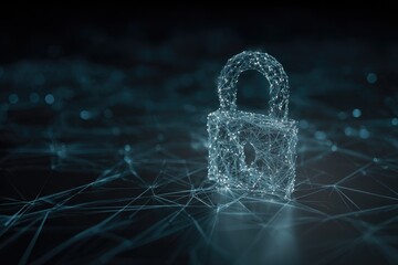A digital padlock glows above network connections, emphasizing security. Blue tones on a dark background