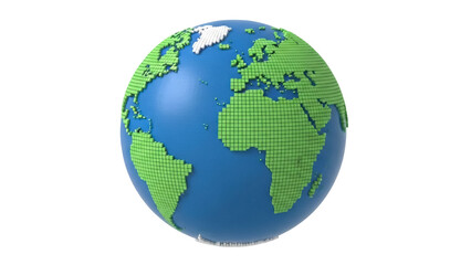 Naklejka premium Pixelated Earth globe isolated PNG, stylized world map with green continents and blue oceans on transparent background, geography and travel concept