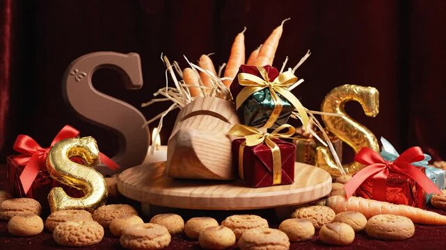 A wooden shoe overflows with carrots and gifts, surrounded by cookies and festive letters