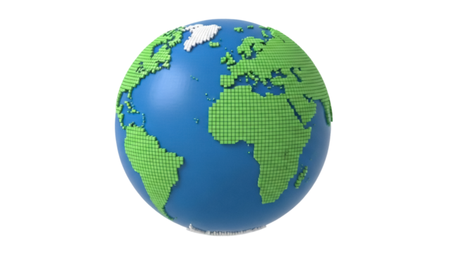 Pixelated Earth globe isolated PNG, stylized world map with green continents and blue oceans on transparent background, geography and travel concept - Powered by Adobe