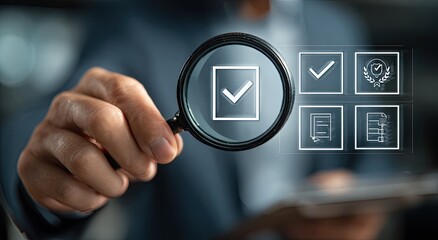 Magnifying glass on checklist, digital interface with quality assurance icons