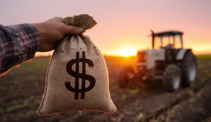 Farmer holds money bag in field with tractor at sunset